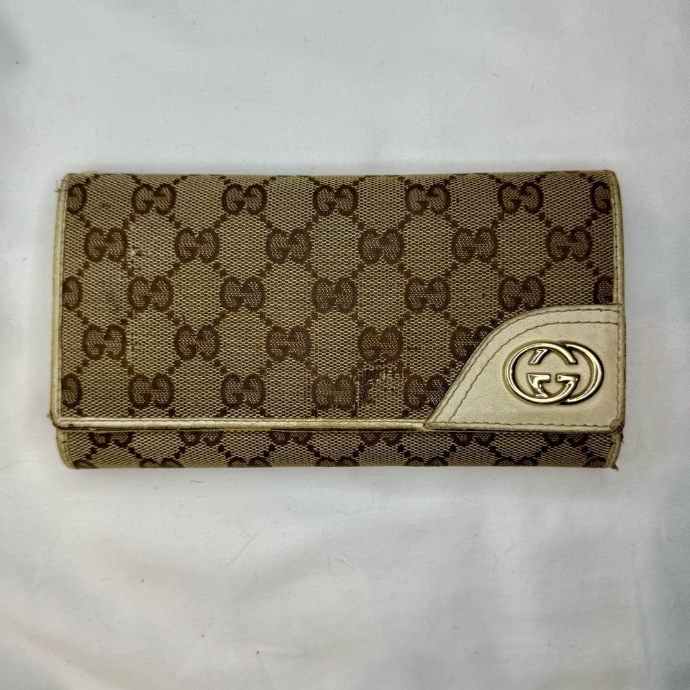 Gucci Cream and Monogram Canvas Long Snap Trifold Wallet